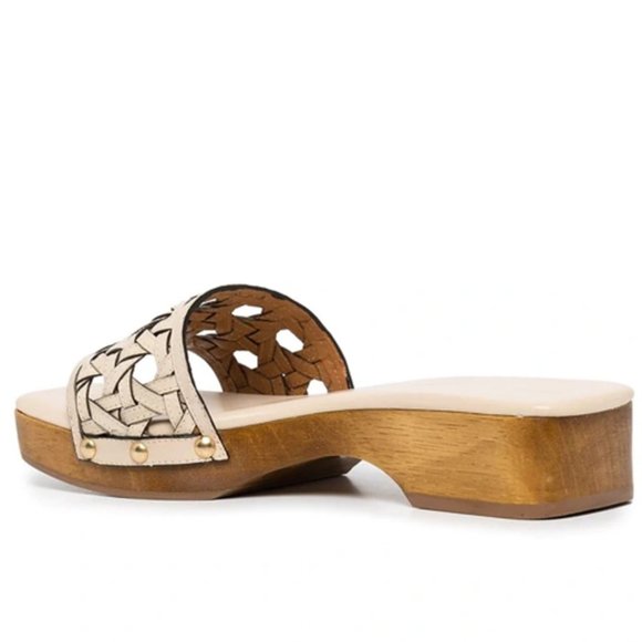 Tory Burch $298 Basket-Weave Clog Sandals New Cream Calf Leather 9 - Picture 3 of 7